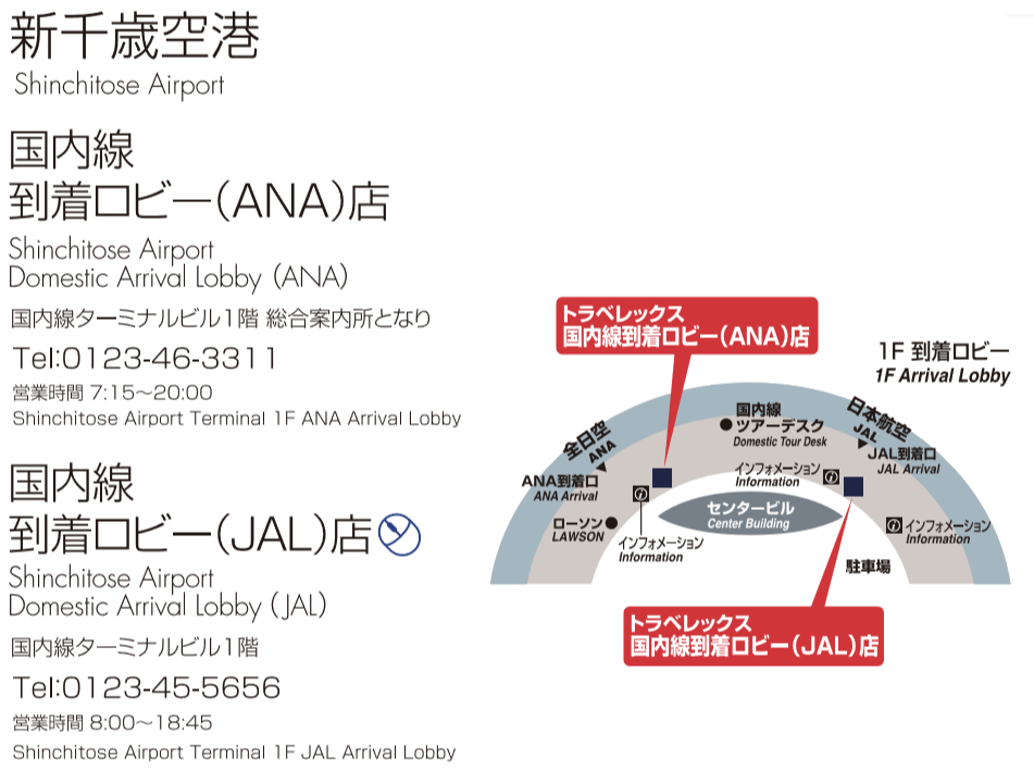 トラベレックス新千歳空港国内線到着ロビー（JAL)店の地図